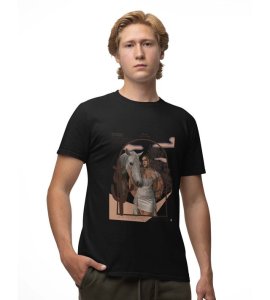 Saddle Beauty: Girl with Horse Graphic Printed Black T-Shirt